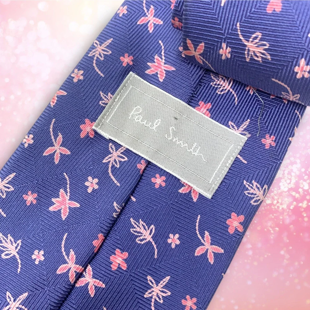 Vintage Y2K Paul Smith Blue Pink Tiny Mod Floral Neck Tie Necktie 100% Silk